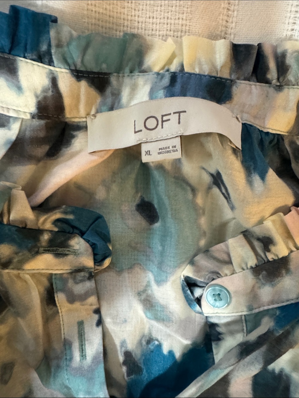 LOFT Teal and Blue Abstract Watercolor Button-Front Blouse - Picture 2 of 5